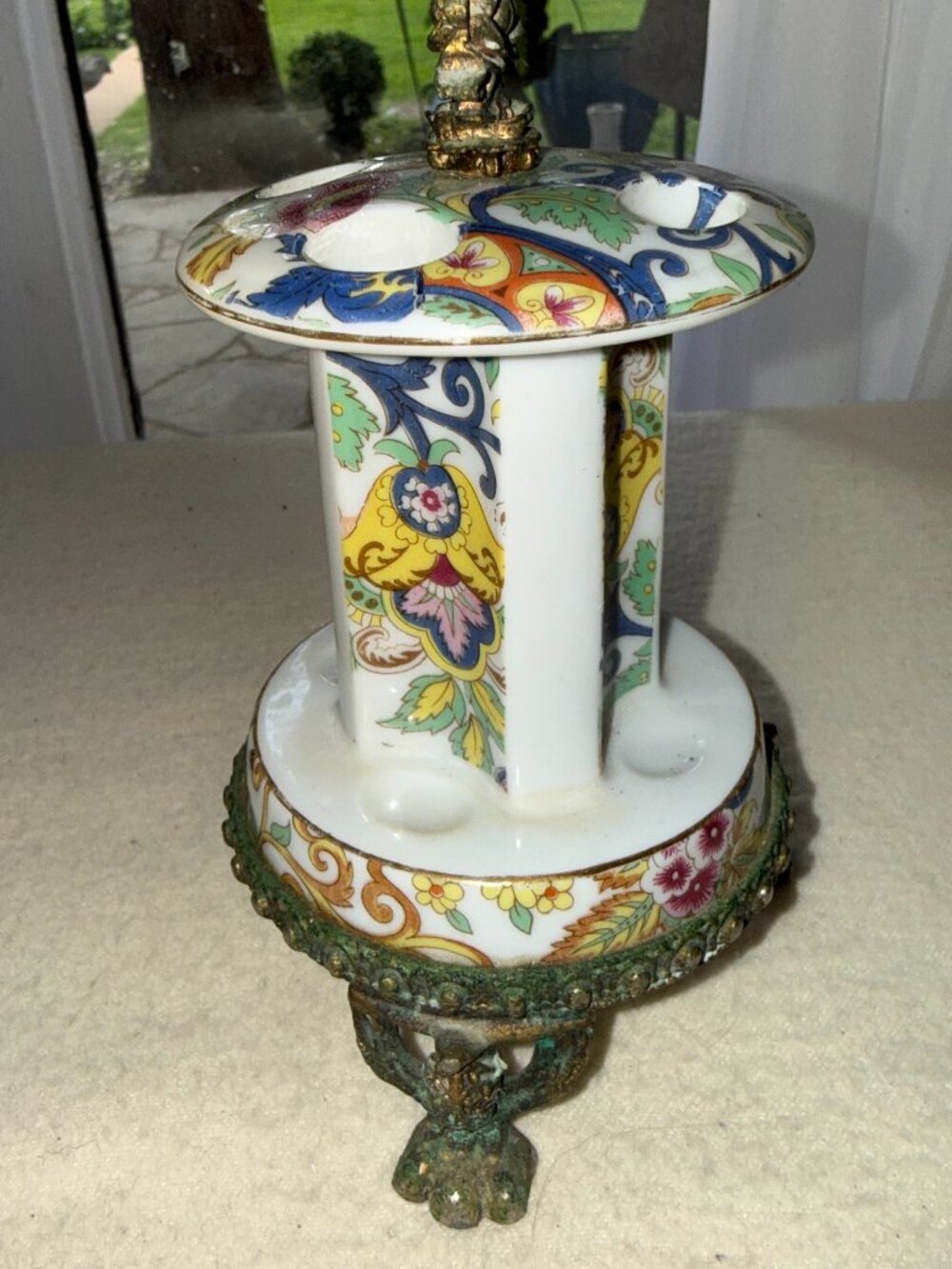 Vintage Porcelain Flowers Toothbrush Holder Lefton China #6876 on LEGS Stand